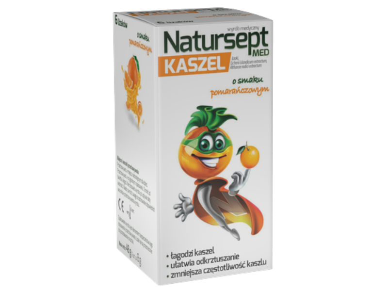 Zdjęcie przedstawia wyrób medyczny Natursept MED kaszel, lizaki o smaku pomarańczowym.