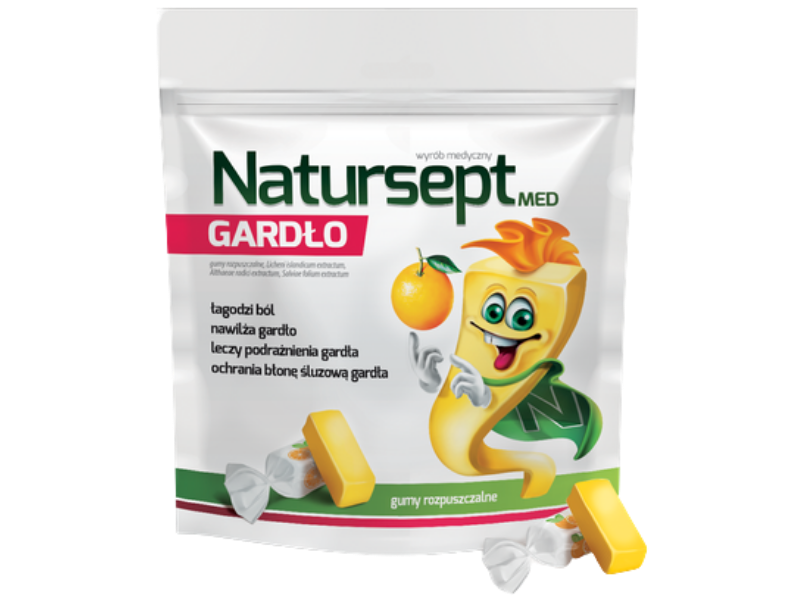 Zdjęcie przedstawia wyrób medyczny Natursept med gardło, gumy rozpuszczalne.