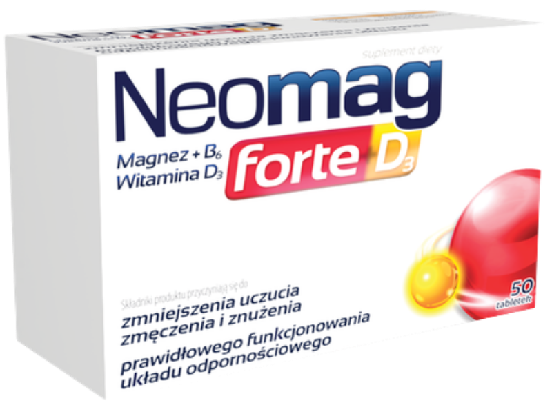 Zdjęcie przedstawia suplement diety NeoMag Forte D3, tabletki.