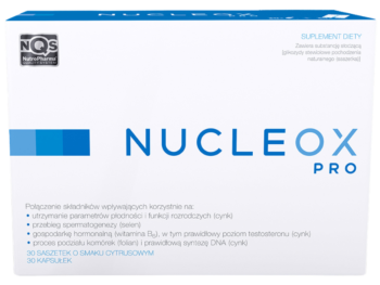 Zdjęcie przedstawia suplement diety Nucleox PRO, saszetki i kapsułki.