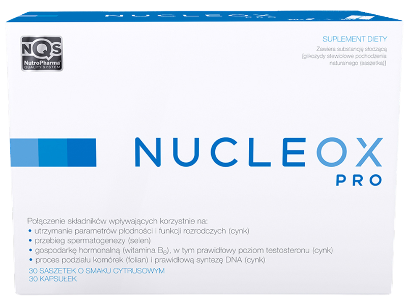 Zdjęcie przedstawia suplement diety Nucleox PRO, saszetki i kapsułki.