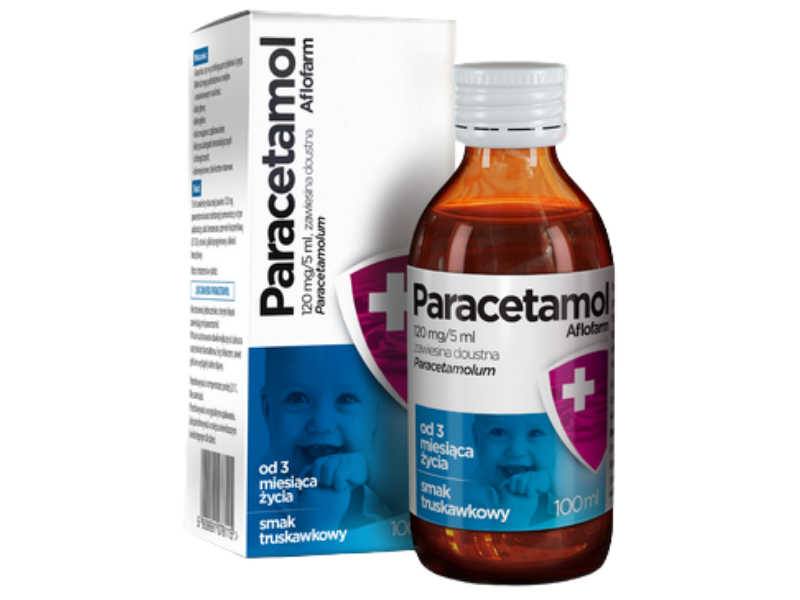 Zdjęcie przedstawia lek bez recepty Paracetamol Aflofarm, zawiesina doustna, 120 mg/5 ml.