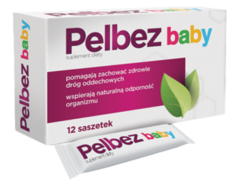 Zdjęcie przedstawia suplement diety PelBez Baby, proszek w saszetkach.