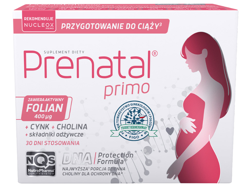 Zdjęcie przedstawia suplement diety Prenatal Primo, kapsułki.