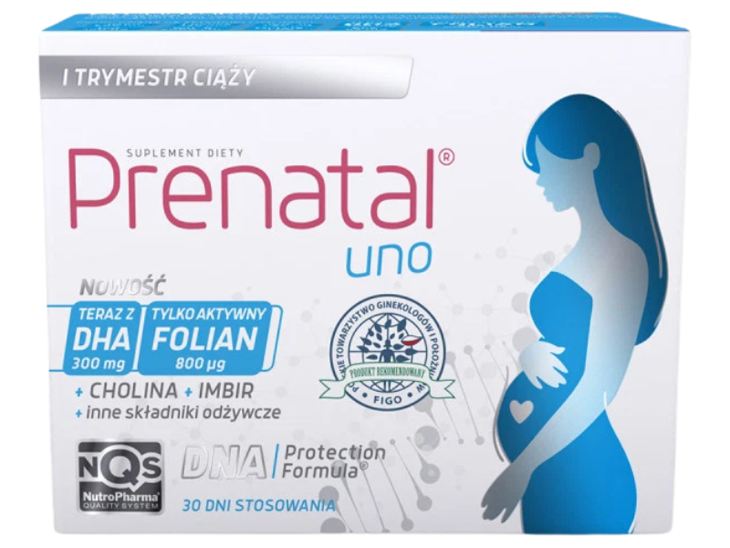 Zdjęcie przedstawia suplement diety Prenatal Uno, kapsułki.
