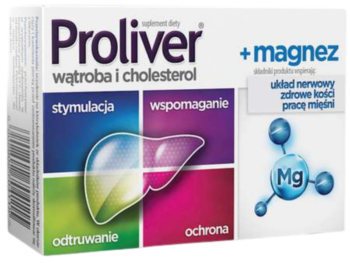 Zdjęcie przedstawia suplement diety Proliver + Magnez, tabletki.