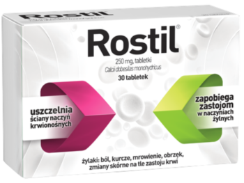 Zdjęcie przedstawia lek bez recepty Rostil, tabletki, 250 mg.
