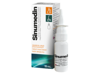 Zdjęcie przedstawia lek bez recepty Sinumedin, aerozol do nosa, 1,5 mg + 2,5 mg/ml.