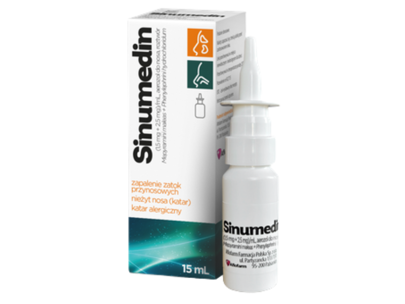 Zdjęcie przedstawia lek bez recepty Sinumedin, aerozol do nosa, 1,5 mg + 2,5 mg/ml.