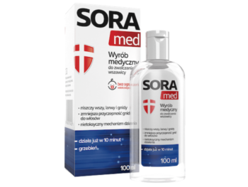 Zdjęcie przedstawia wyrób medyczny Sora Med, płyn do zwalczania wszawicy.