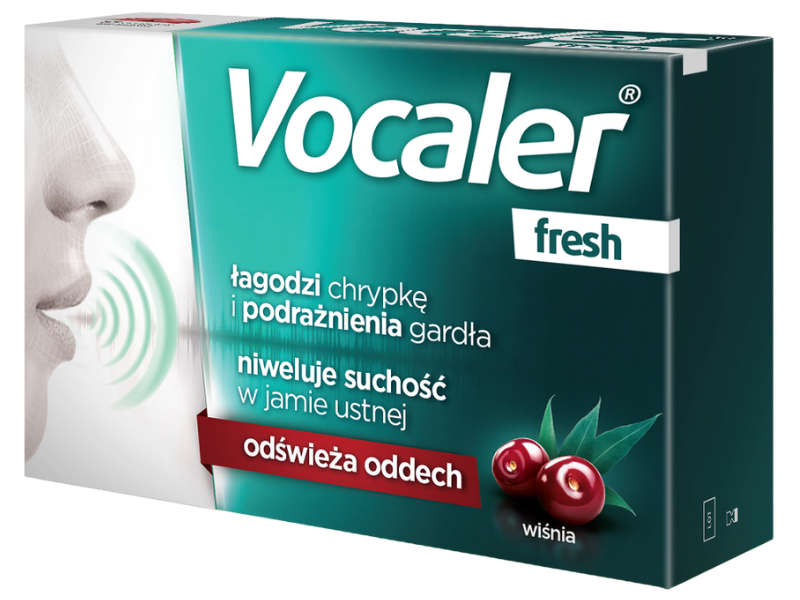 Zdjęcie przedstawia wyrób medyczny Vocaler Fresh, pastylki do ssania.