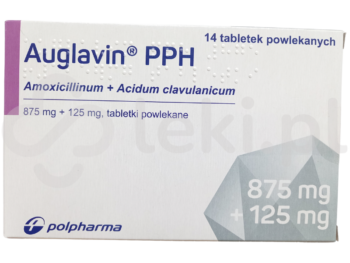 Zdjęcie przedstawia lek dostępny na receptę Auglavin PPH, proszek do sporządzania zawiesiny doustnej, 875 mg + 125 mg.