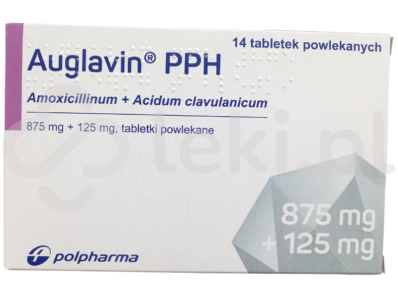 Zdjęcie przedstawia lek dostępny na receptę Auglavin PPH, proszek do sporządzania zawiesiny doustnej, 875 mg + 125 mg.