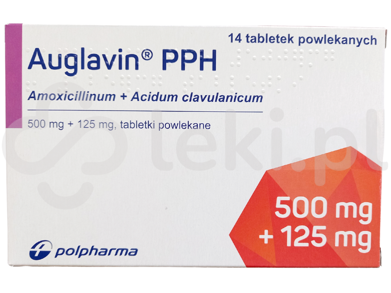 Zdjęcie przedstawia lek dostępny na receptę Auglavin PPH, tabletki powlekane, 500 mg + 125 mg.