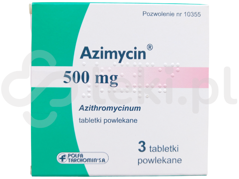 Zdjęcie przedstawia lek dostępny na receptę Azimycin, tabletki powlekane, 500 mg.