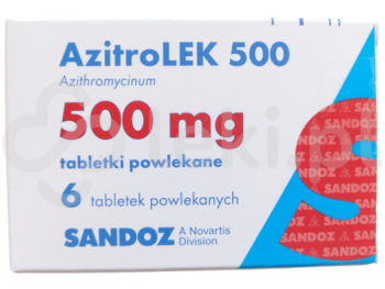 Zdjęcie przedstawia lek dostępny na receptę AzitroLEK 500, tabletki powlekane, 500 mg.