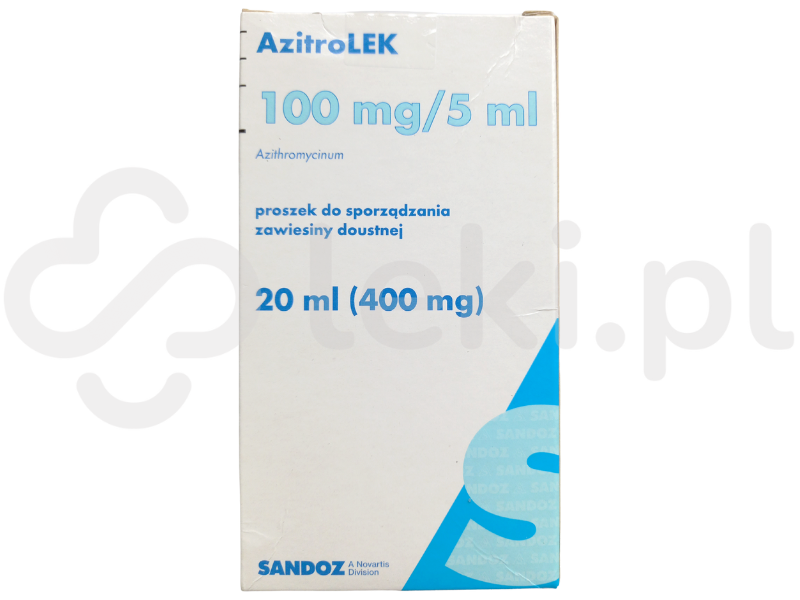 Zdjęcie przedstawia lek dostępny na receptę AzitroLEK, proszek do sporządzania zawiesiny doustnej, 100 mg/5 ml.
