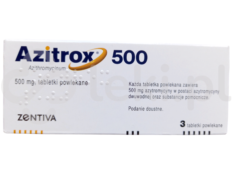 Zdjęcie przedstawia lek dostępny na receptę Azitrox 500, tabletki powlekane, 500 mg.