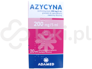Zdjęcie przedstawia lek dostępny na receptę Azycyna, granulat do sporządzania zawiesiny doustnej, 200 mg/5 ml.