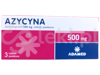 Zdjęcie przedstawia lek dostępny na receptę Azycyna, tabletki powlekane, 500 mg.