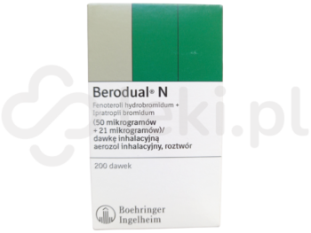 Zdjęcie przedstawia lek dostępny na receptę Berodual N, aerozol inhalacyjny, roztwór, (50 µg + 21 µg)/dawkę inhalacyjną.