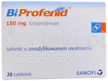 Zdjęcie przedstawia lek dostępny na receptę Bi-Profenid, tabletki o zmodyfikowanym uwalnianiu, 150 mg.
