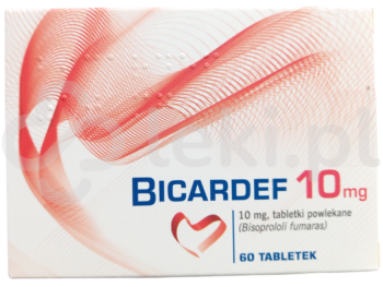Zdjęcie przedstawia lek dostępny na receptę Bicardef 10 mg, tabletki powlekane, 10 mg.