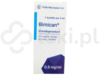 Zdjęcie przedstawia lek dostępny na receptę Bimican, krople do oczu, roztwór, 0,3 mg/ml.