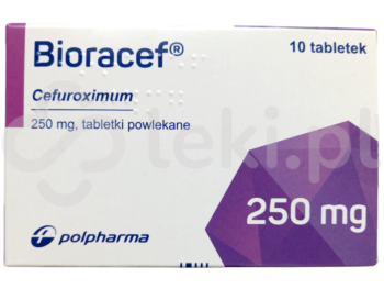 Zdjęcie przedstawia lek dostępny na receptę Bioracef, tabletki powlekane, 250 mg.