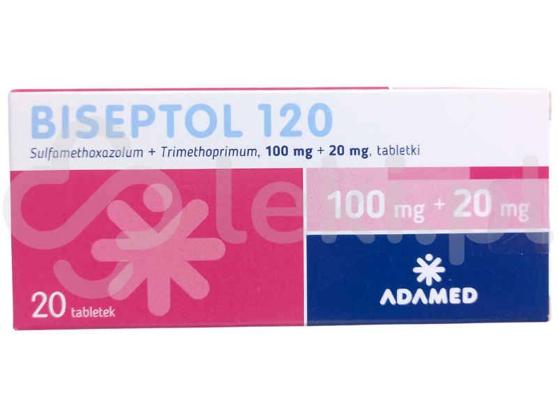 Zdjęcie przedstawia lek dostępny na receptę Biseptol 120, tabletki, 100 mg + 20 mg.