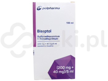Zdjęcie przedstawia lek dostępny na receptę Biseptol, zawiesina doustna, (200 mg + 40 mg)/5 ml.