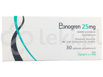 Zdjęcie przedstawia lek dostępny na receptę Bonogren, tabletki powlekane, 25 mg.