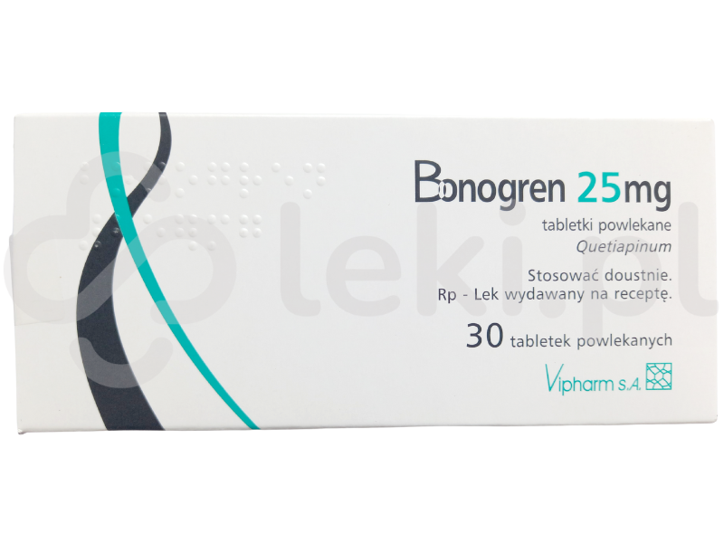 Zdjęcie przedstawia lek dostępny na receptę Bonogren, tabletki powlekane, 25 mg.