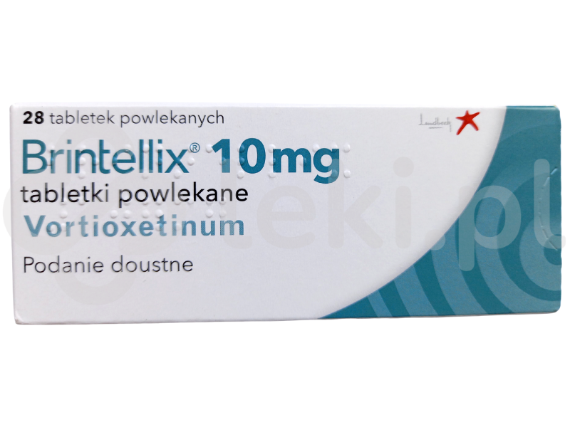Zdjęcie przedstawia lek dostępny na receptę Brintellix, tabletki powlekane, 10 mg.