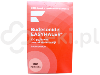 Zdjęcie przedstawia lek dostępny na receptę Budesonide Easyhaler, proszek do inhalacji, 100 µg/dawkę.