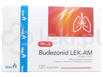 Zdjęcie przedstawia lek dostępny na receptę Budezonid LEK-AM, proszek do inhalacji w kapsułkach twardych, 400 μg/dawkę inhalacyjną.