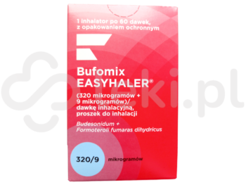 Zdjęcie przedstawia lek dostępny na receptę Bufomix Easyhaler, proszek do inhalacji, (320 µg + 9 µg)/dawkę inhalacyjną.