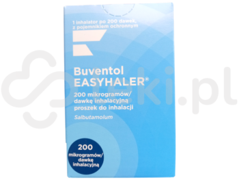 Zdjęcie przedstawia lek dostępny na receptę Buventol Easyhaler, proszek do inhalacji, 200 µg/dawkę.