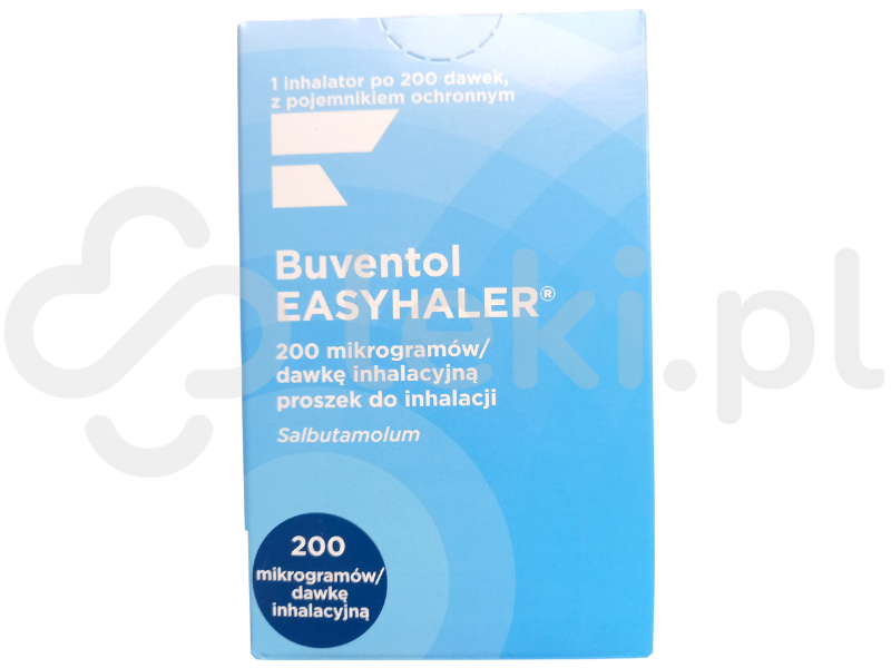 Zdjęcie przedstawia lek dostępny na receptę Buventol Easyhaler, proszek do inhalacji, 200 µg/dawkę.