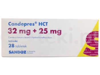 Zdjęcie przedstawia lek dostępny na receptę Candepres HCT, tabletki, 32 mg + 25 mg.