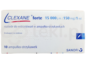 Zdjęcie przedstawia lek dostępny na receptę Clexane forte, roztwór do wstrzykiwań, 150 mg/1 ml.