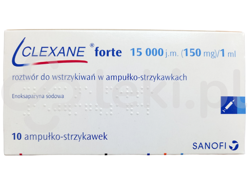 Zdjęcie przedstawia lek dostępny na receptę Clexane forte, roztwór do wstrzykiwań, 150 mg/1 ml.