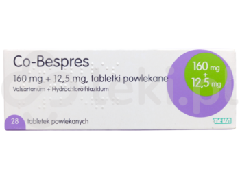 Zdjęcie przedstawia lek dostępny na receptę Co-Bespres, tabletki powlekane, 160 mg + 12,5 mg.
