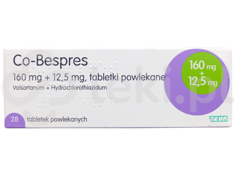 Zdjęcie przedstawia lek dostępny na receptę Co-Bespres, tabletki powlekane, 160 mg + 12,5 mg.