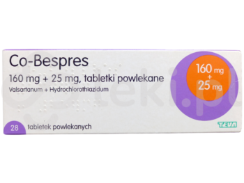 Zdjęcie przedstawia lek dostępny na receptę Co-Bespres, tabletki powlekane, 160 mg + 25 mg.