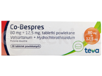 Zdjęcie przedstawia lek dostępny na receptę Co-Bespres, tabletki powlekane, 80 mg + 12,5 mg.