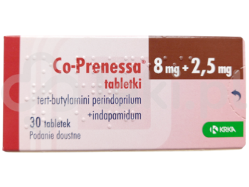 Zdjęcie przedstawia lek dostępny na receptę Co-Prenessa, tabletki, 8 mg + 2,5 mg.