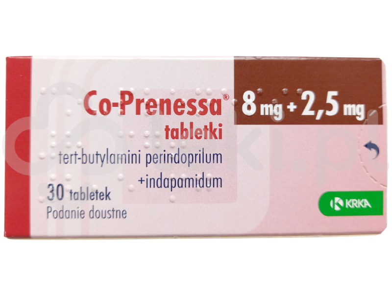 Zdjęcie przedstawia lek dostępny na receptę Co-Prenessa, tabletki, 8 mg + 2,5 mg.