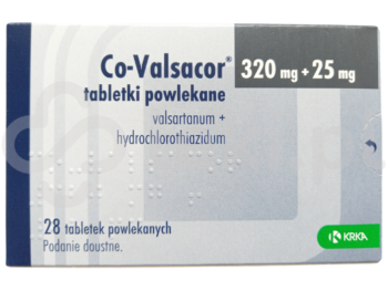 Zdjęcie przedstawia lek dostępny na receptę Co-Valsacor, tabletki powlekane, 320 mg + 25 mg.