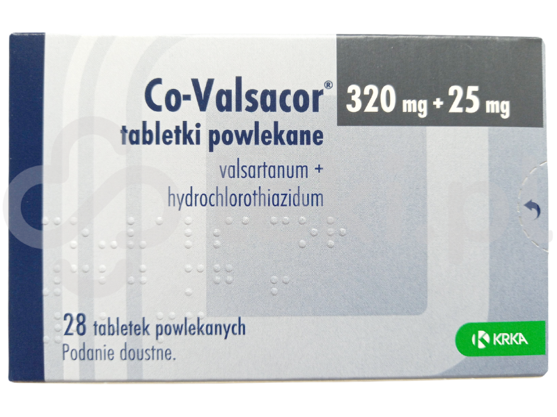 Zdjęcie przedstawia lek dostępny na receptę Co-Valsacor, tabletki powlekane, 320 mg + 25 mg.